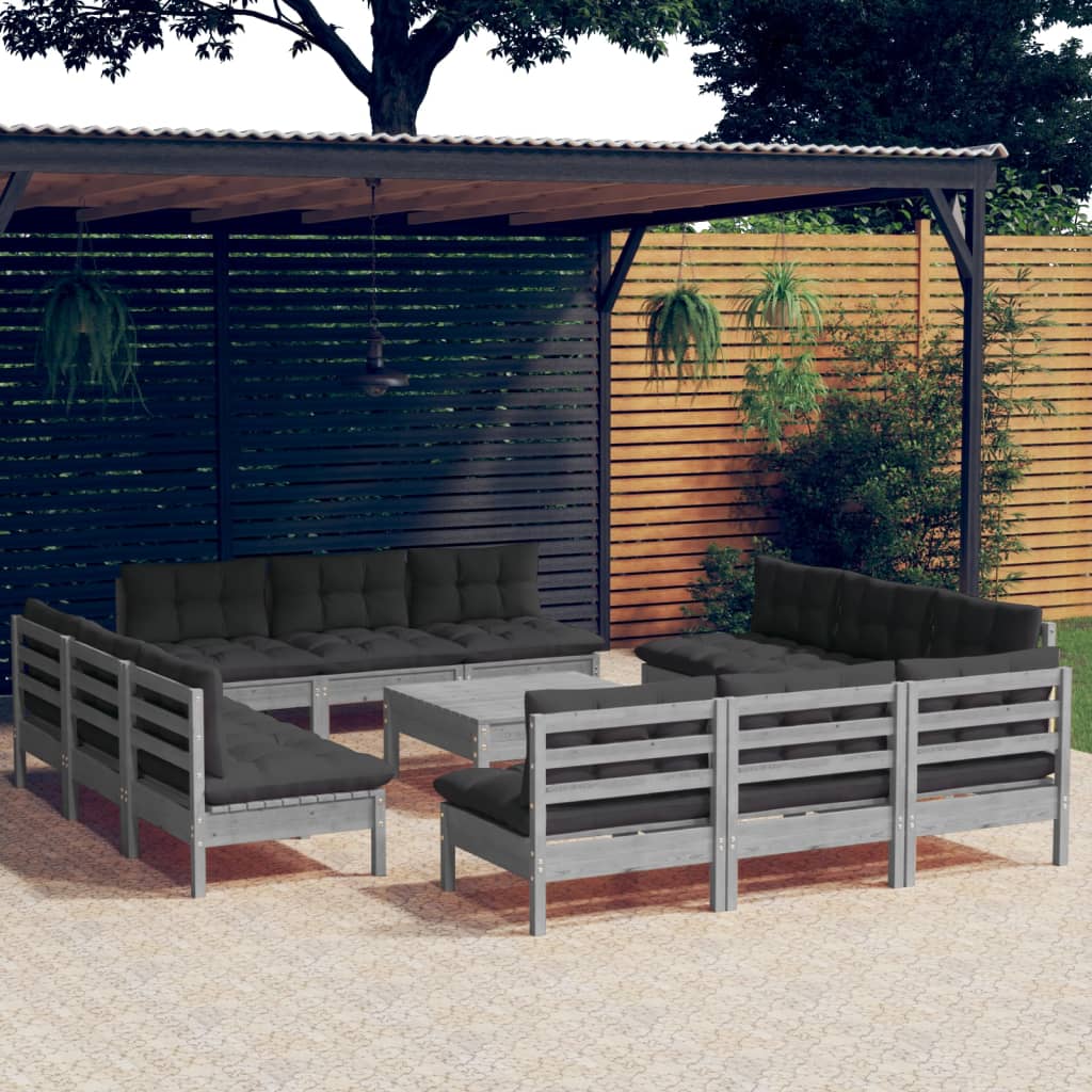13-tlg. Garten-Lounge-Set mit Anthrazit Kissen Kiefernholz