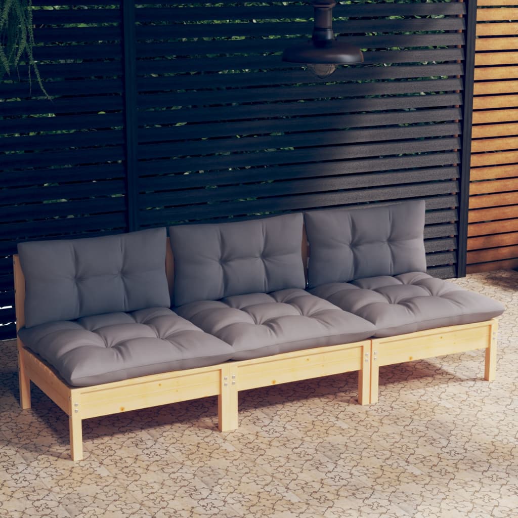 3-Sitzer-Gartensofa mit Grauen Kissen Massivholz Kiefer
