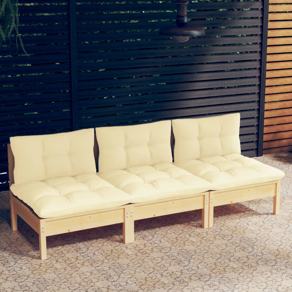 3-Sitzer-Gartensofa mit Creme Kissen Massivholz Kiefer
