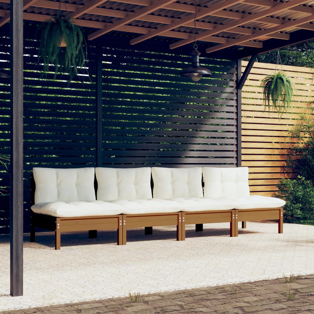 4-Sitzer-Gartensofa mit Creme Kissen Massivholz Kiefer