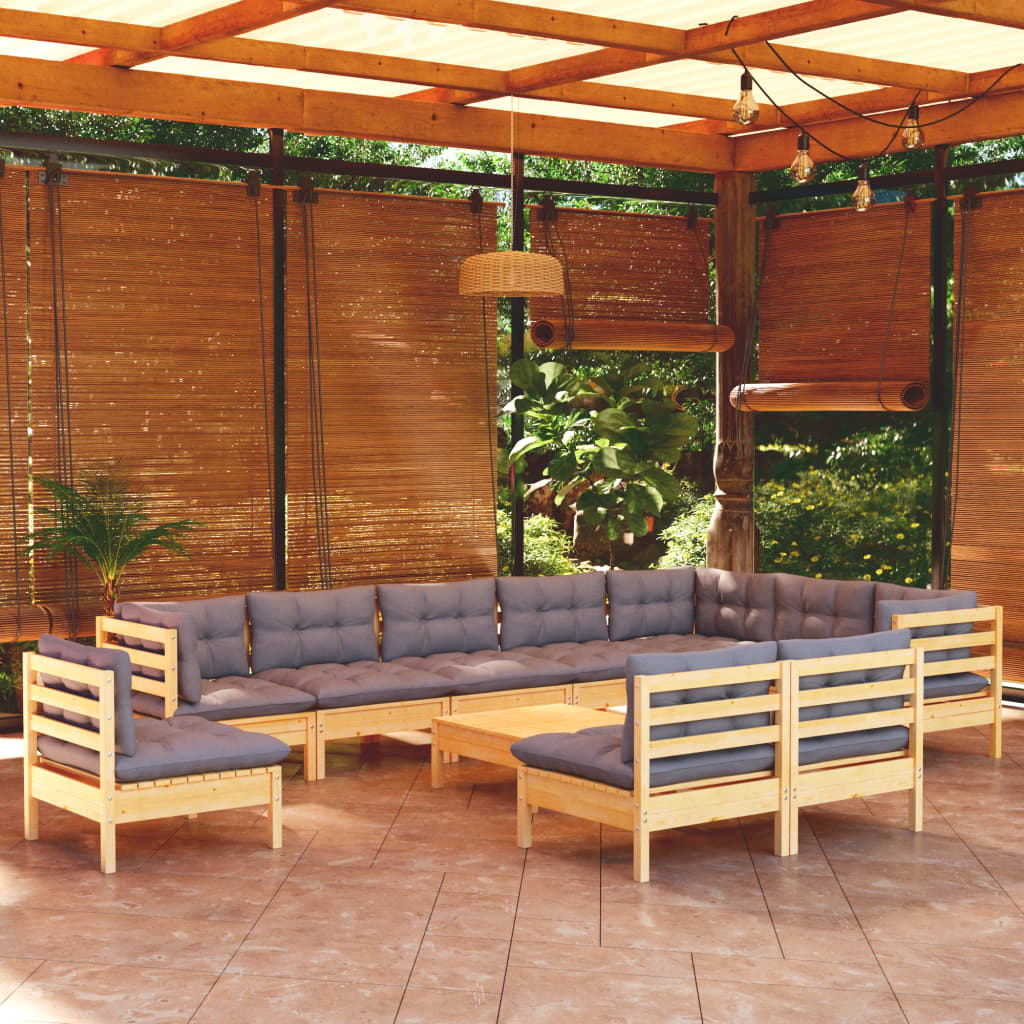 11-tlg. Garten-Lounge-Set mit Grauen Kissen Kiefer Massivholz