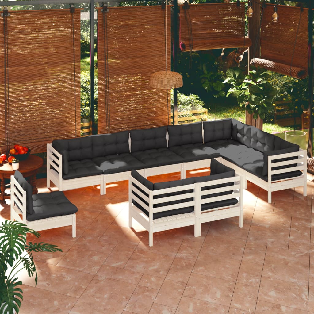 10-tlg. Garten-Lounge-Set mit Kissen Weiß Kiefer Massivholz