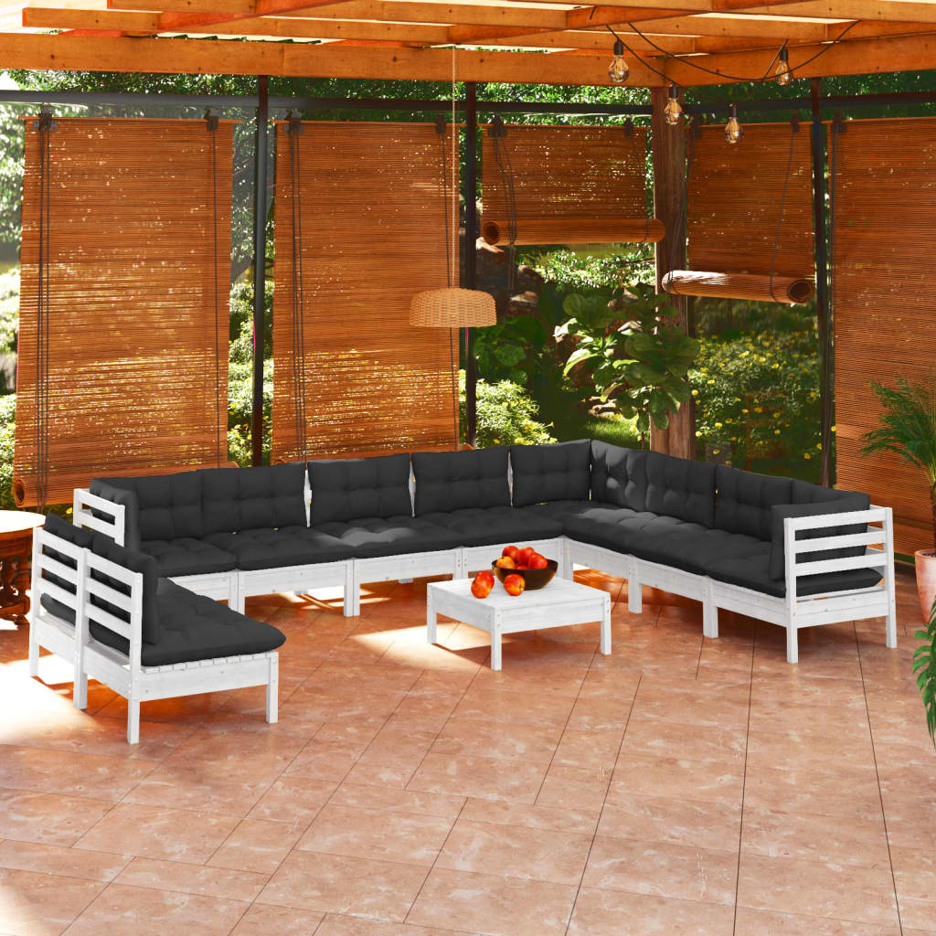 11-tlg. Garten-Lounge-Set mit Kissen Weiß Massivholz Kiefer