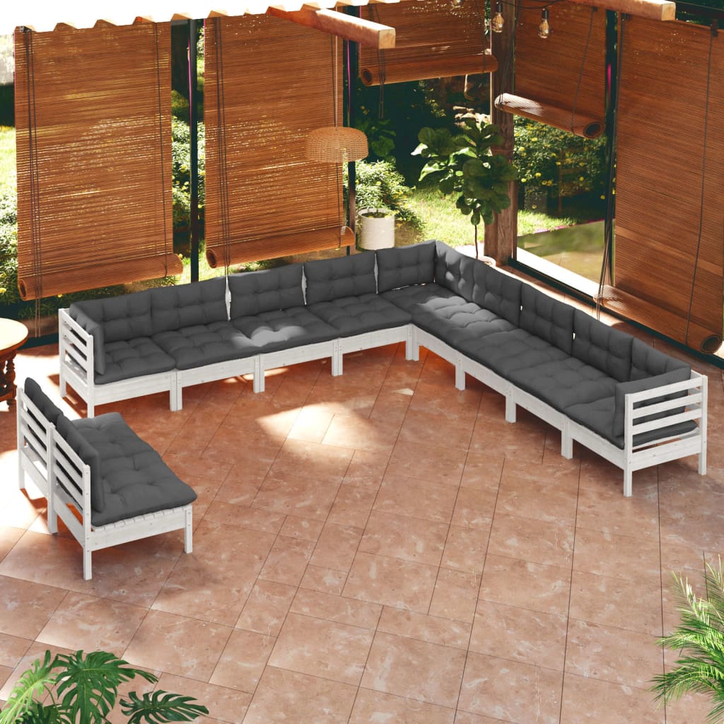11-tlg. Garten-Lounge-Set mit Kissen Weiß Massivholz Kiefer