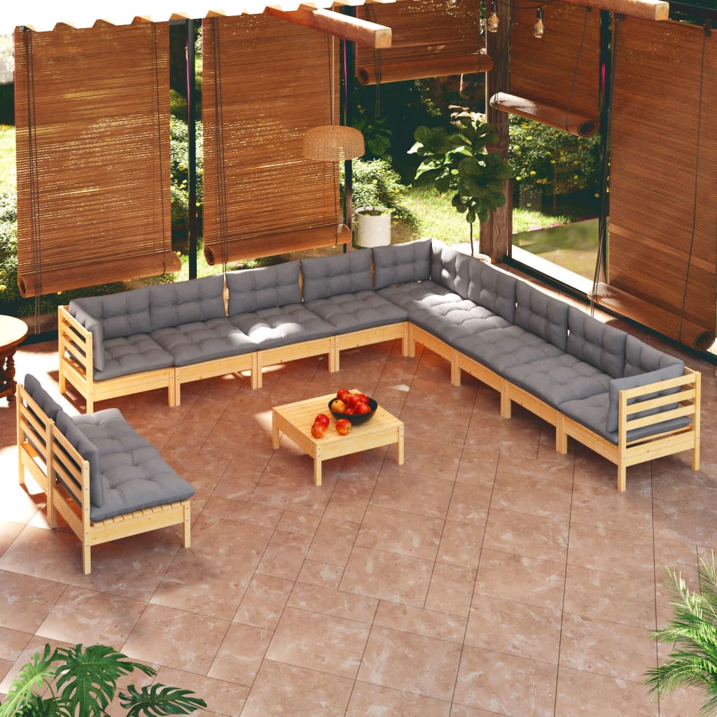 12-tlg. Garten-Lounge-Set mit Grauen Kissen Massivholz Kiefer