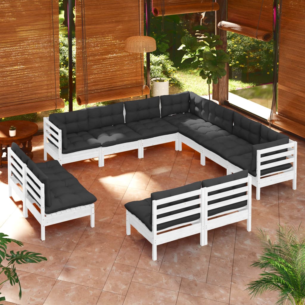11-tlg. Garten-Lounge-Set mit Kissen Weiß Massivholz Kiefer