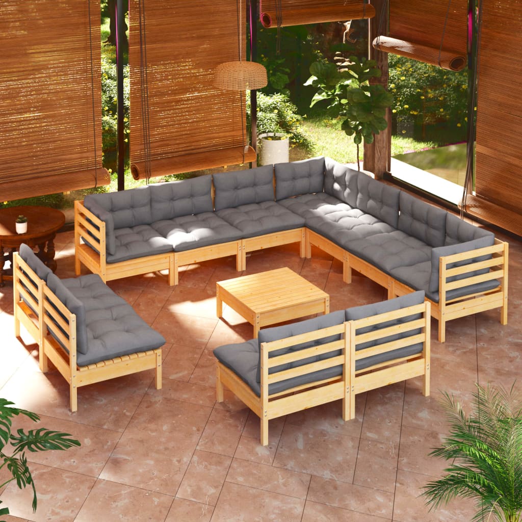 12-tlg. Garten-Lounge-Set mit Grauen Kissen Massivholz Kiefer