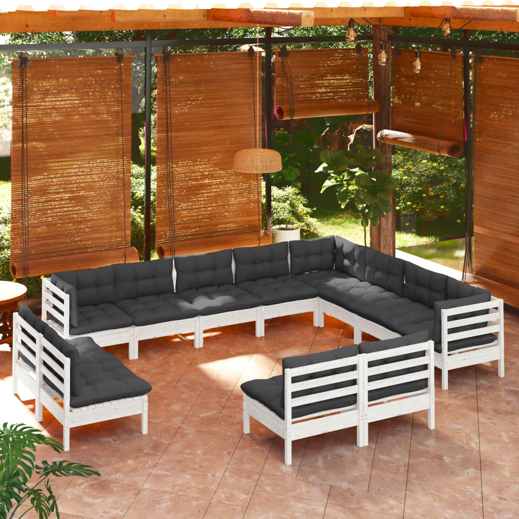 12-tlg. Garten-Lounge-Set mit Kissen Weiß Massivholz Kiefer