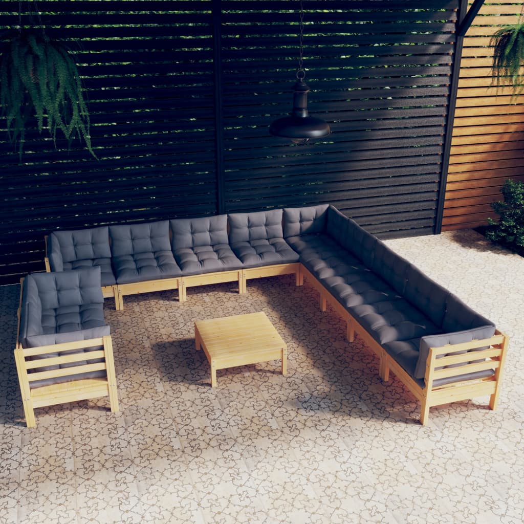 12-tlg. Garten-Lounge-Set mit Grauen Kissen Massivholz Kiefer