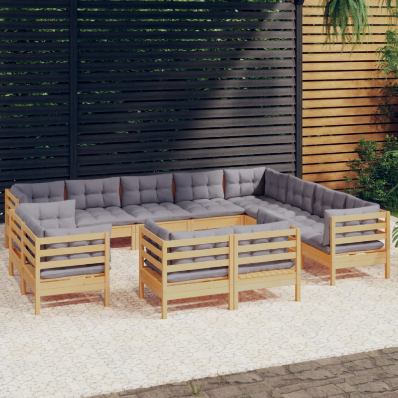 12-tlg. Garten-Lounge-Set mit Grauen Kissen Massivholz Kiefer