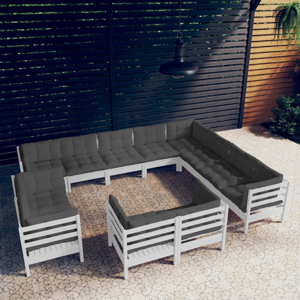 12-tlg. Garten-Lounge-Set mit Kissen Weiß Massivholz Kiefer