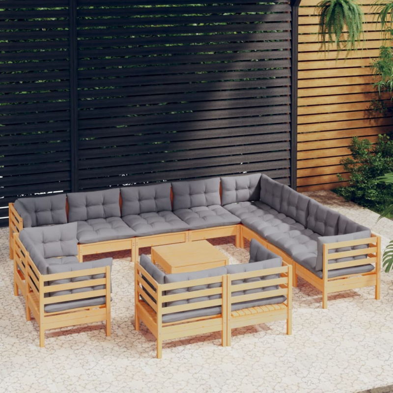 13-tlg. Garten-Lounge-Set mit Grauen Kissen Massivholz Kiefer