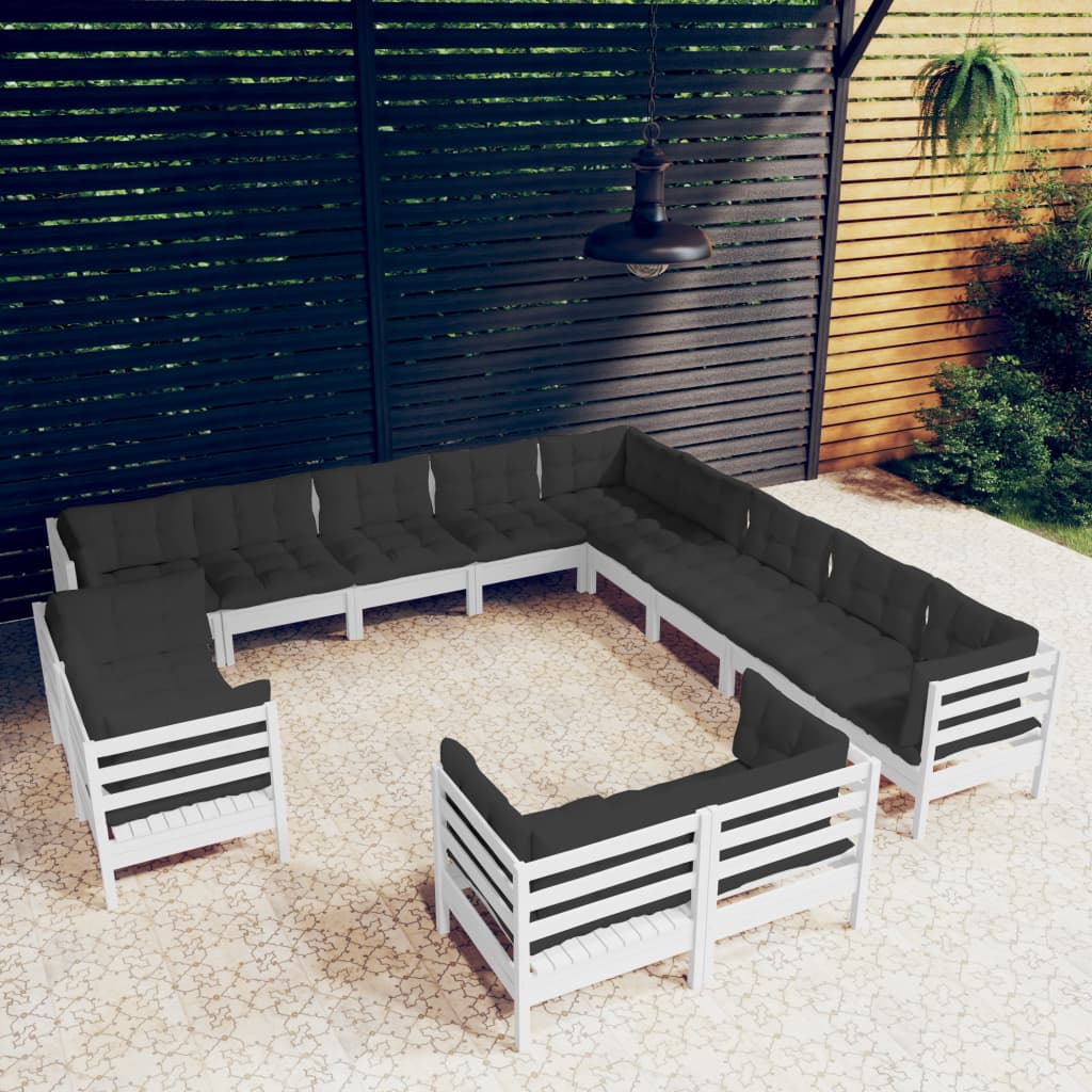 13-tlg. Garten-Lounge-Set mit Kissen Weiß Massivholz Kiefer