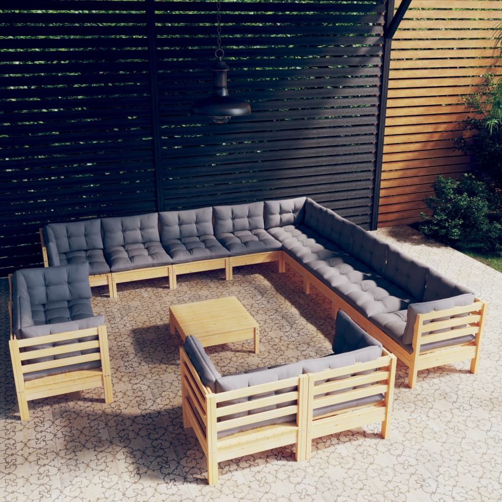 14-tlg. Garten-Lounge-Set mit Grauen Kissen Massivholz Kiefer