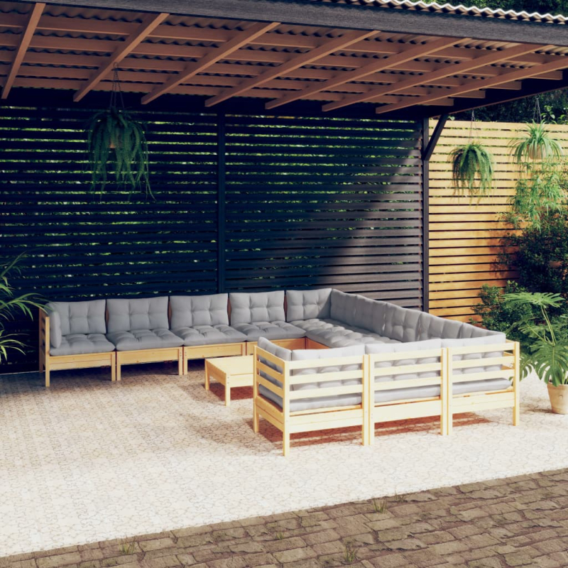 12-tlg. Garten-Lounge-Set mit Grauen Kissen Kiefernholz