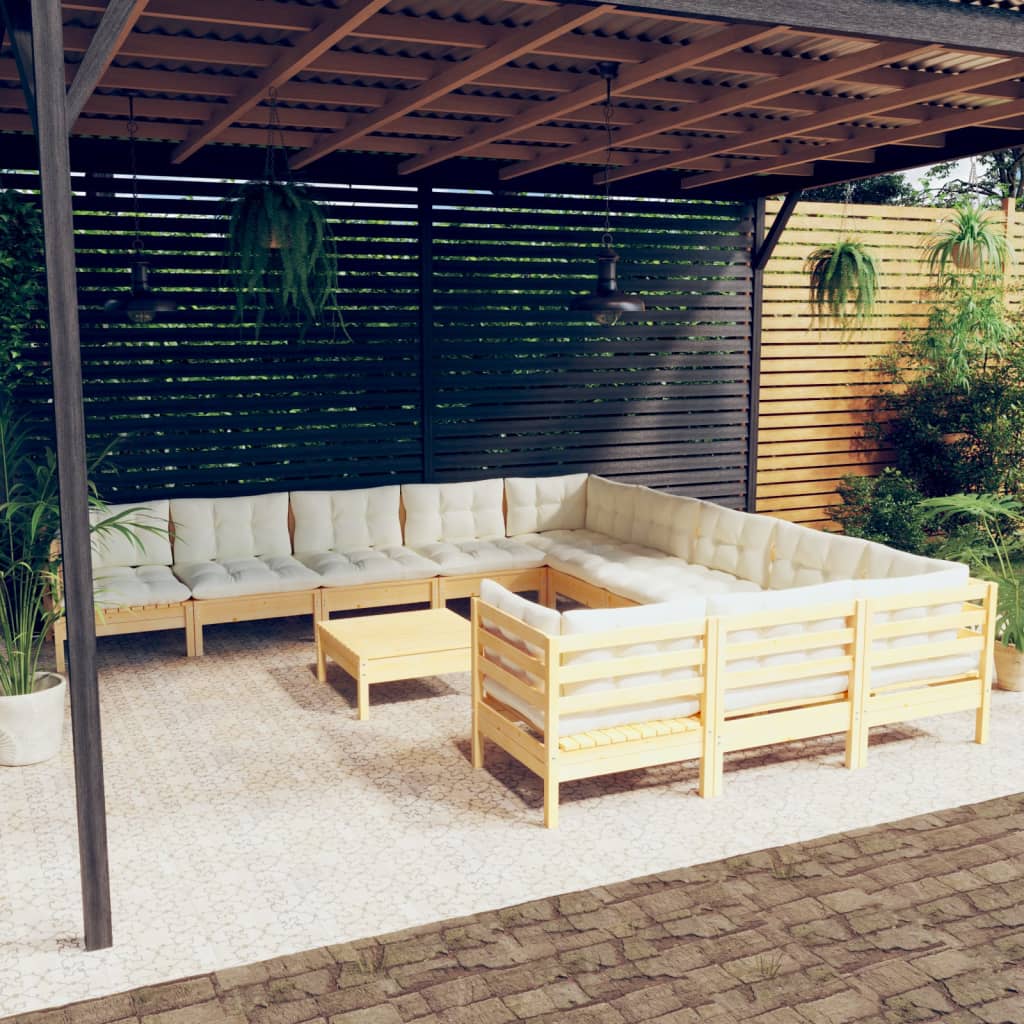 12-tlg. Garten-Lounge-Set mit Creme Kissen Kiefernholz