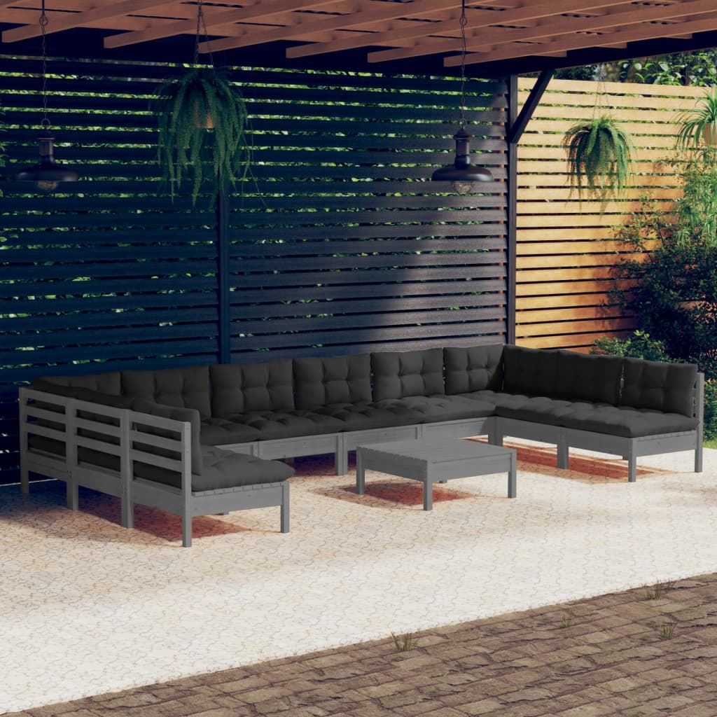 11-tlg. Garten-Lounge-Set mit Kissen Grau Kiefer Massivholz