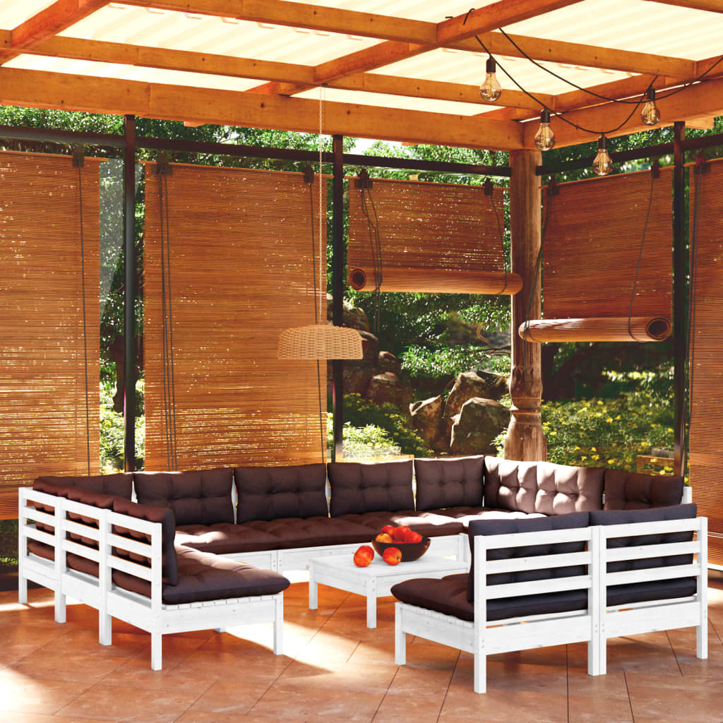 12-tlg. Garten-Lounge-Set mit Kissen Weiß Kiefer Massivholz