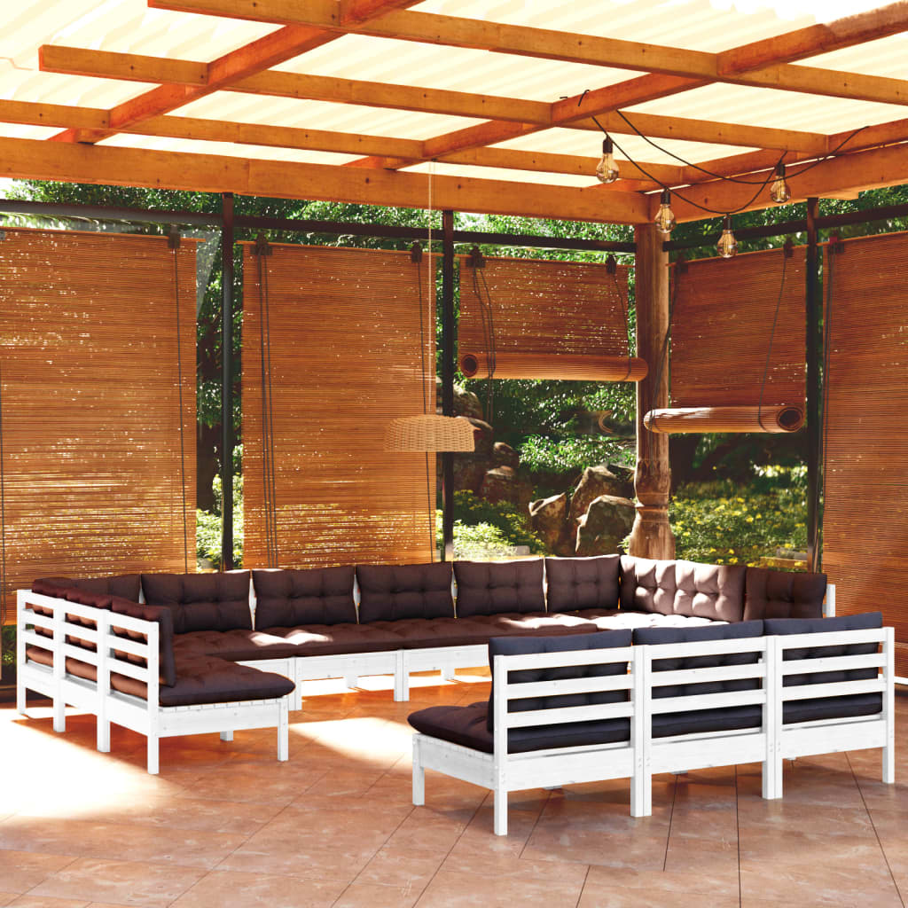 13-tlg. Garten-Lounge-Set mit Kissen Weiß Kiefer Massivholz