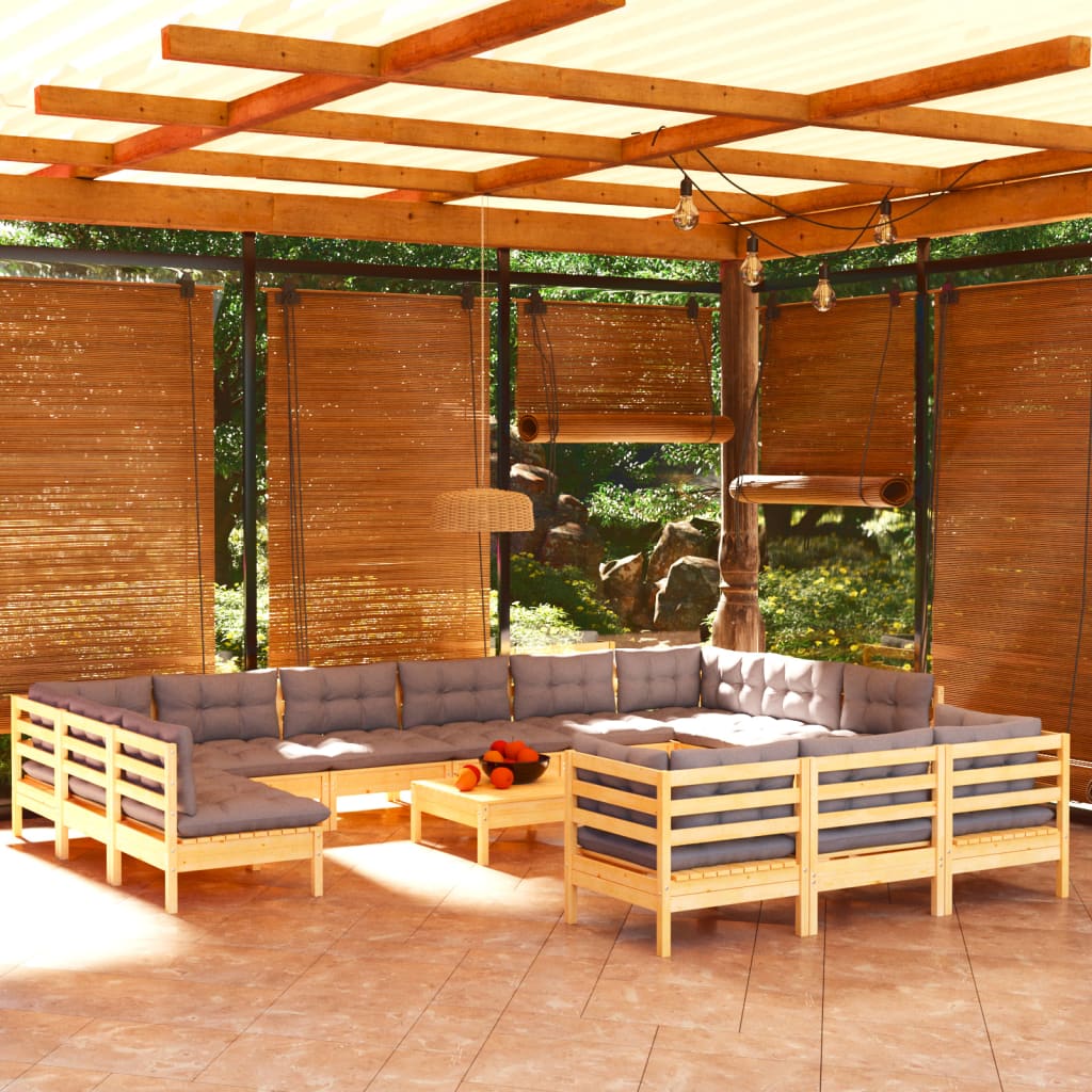 14-tlg. Garten-Lounge-Set mit Grauen Kissen Kiefernholz