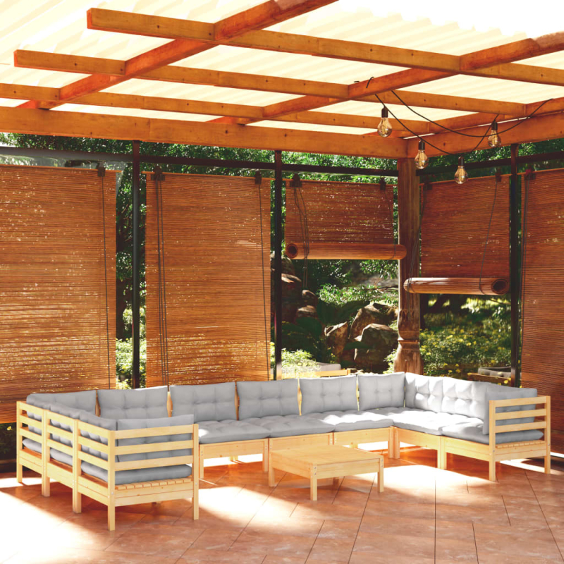 11-tlg. Garten-Lounge-Set mit Grauen Kissen Kiefernholz