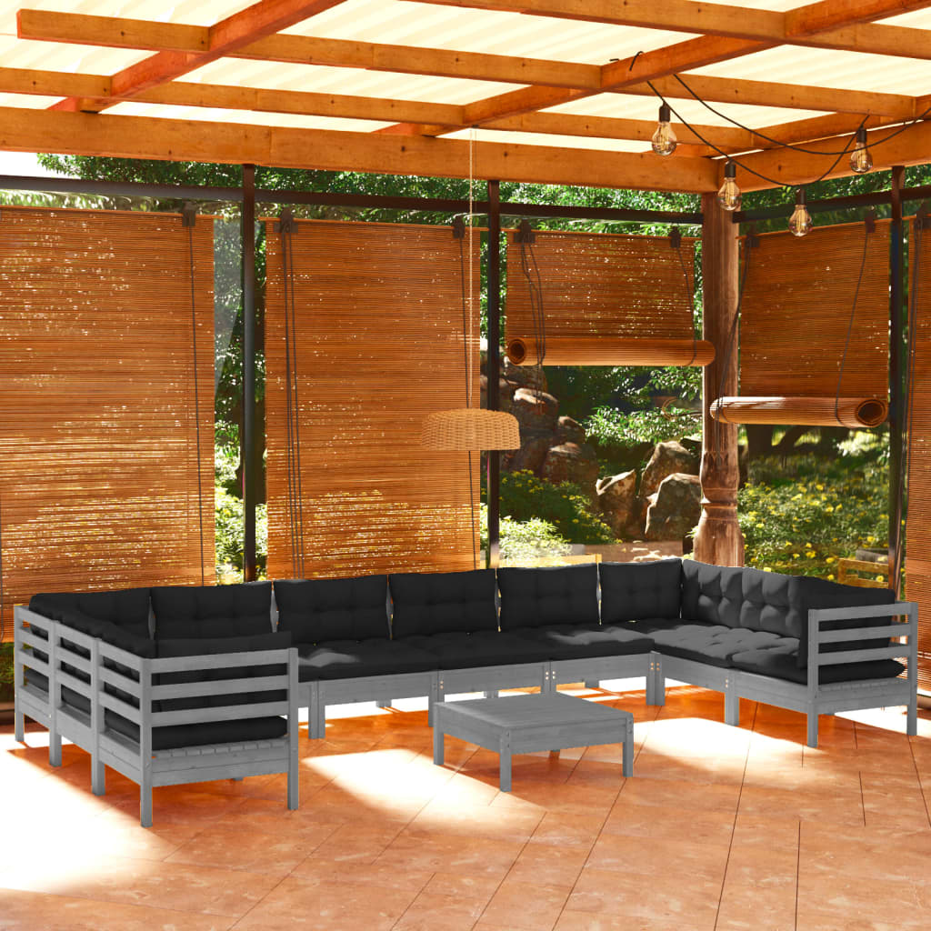 11-tlg. Garten-Lounge-Set mit Kissen Grau Kiefernholz