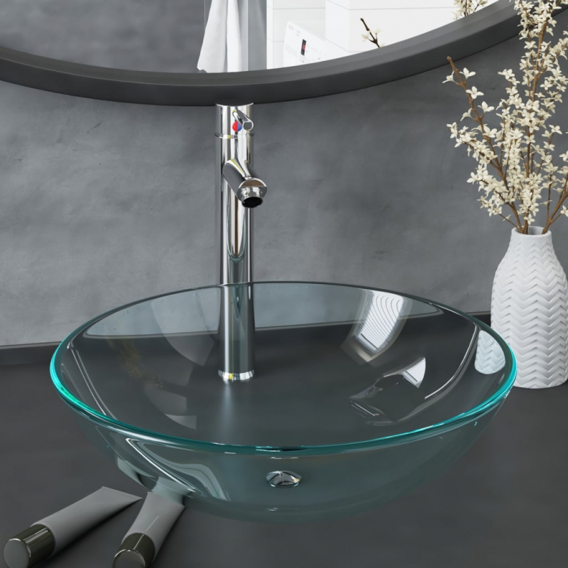 Waschbecken mit Wasserhahn und Ablaufgarnitur aus gehärtetem