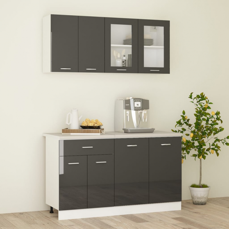 4-tlg. Küchenzeile mit Arbeitsplatte Hochglanz-Grau