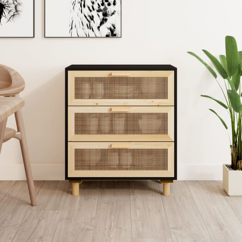 Sideboard Schwarz 60x30x70cm Massivholz Kiefer und Natur-Rattan