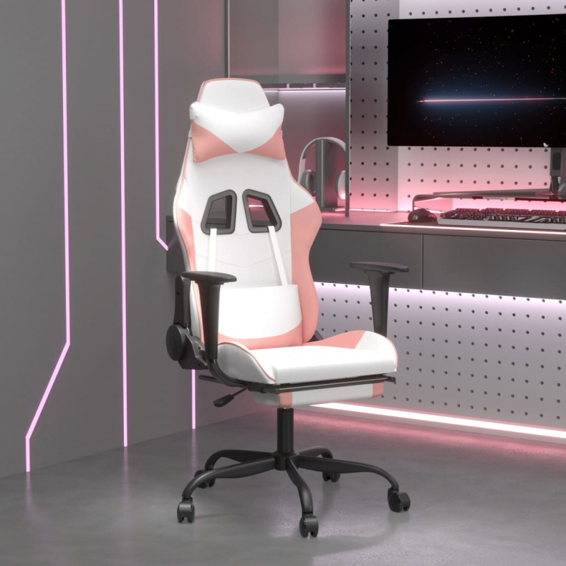 Gaming-Stuhl mit Fußstütze Drehbar Weiß Rosa Kunstleder