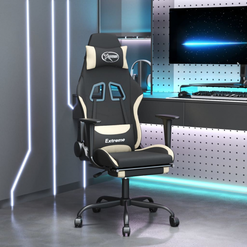 Gaming-Stuhl mit Fußstütze Drehbar Schwarz und Creme Stoff