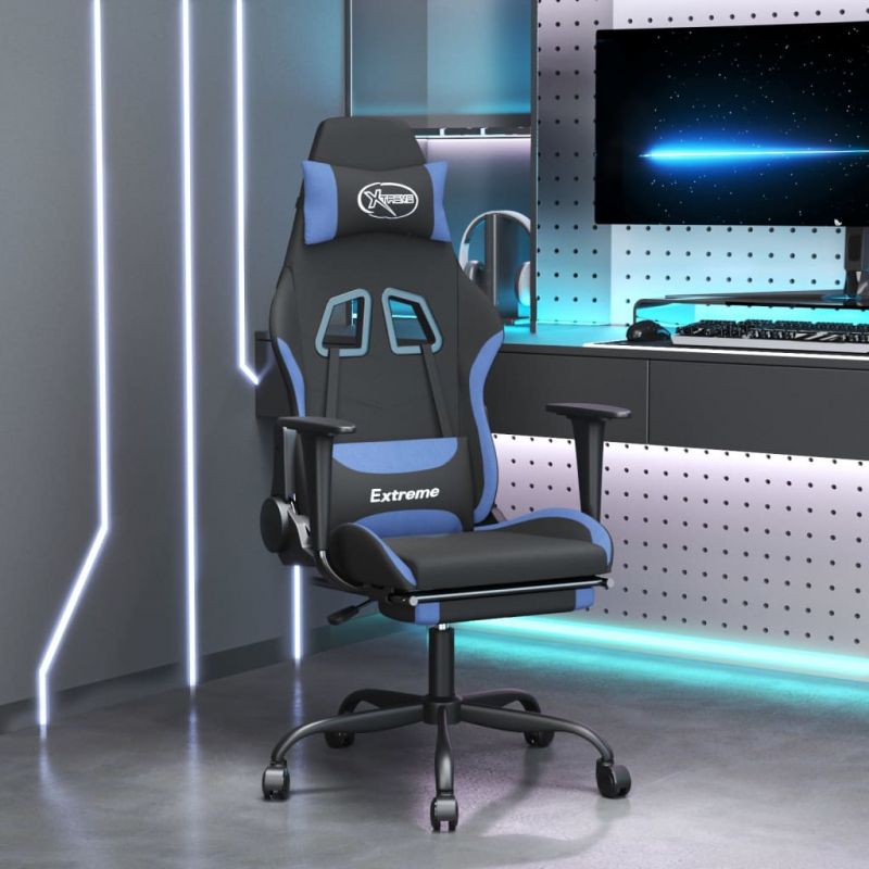 Gaming-Stuhl mit Fußstütze Drehbar Schwarz und Blau Stoff