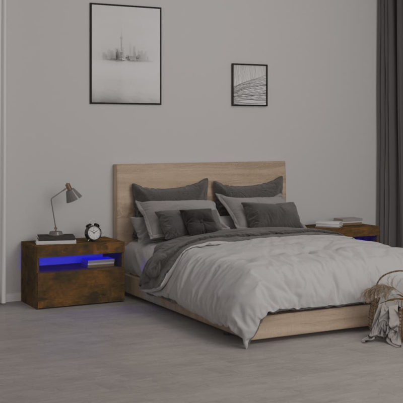 Nachttische 2 Stk. mit LED-Leuchten Räuchereiche 60x35x40 cm