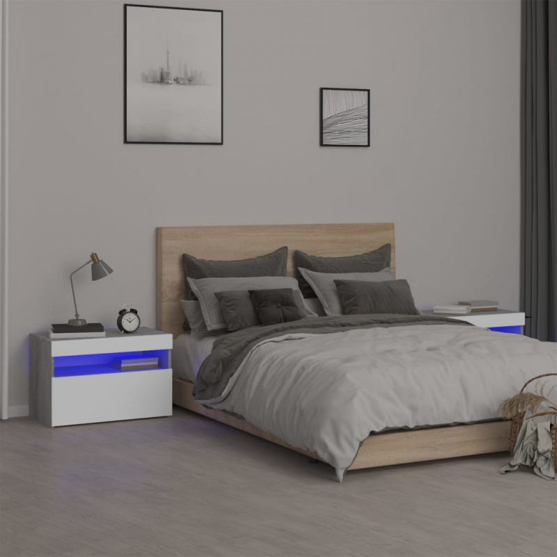 Nachttische 2 Stk. mit LED-Leuchten Grau Sonoma 60x35x40 cm