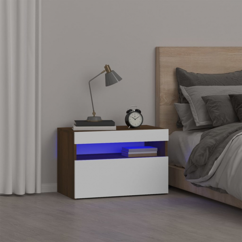 Nachttisch mit LED-Leuchten Braun Eichen-Optik 60x35x40 cm