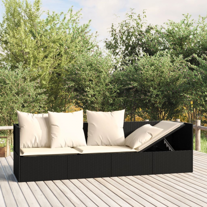 Outdoor-Loungebett mit Kissen Schwarz Poly Rattan