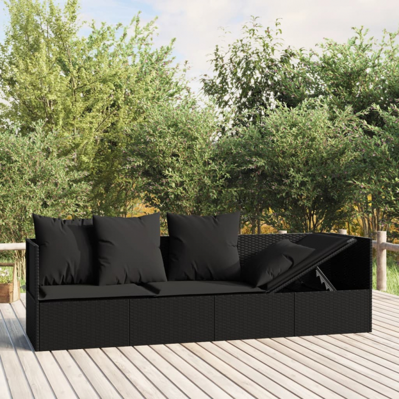 Outdoor-Loungebett mit Kissen Schwarz Poly Rattan