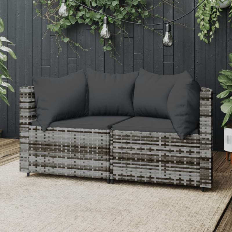 Garten-Ecksofas mit Kissen 2 Stk. Grau Poly Rattan