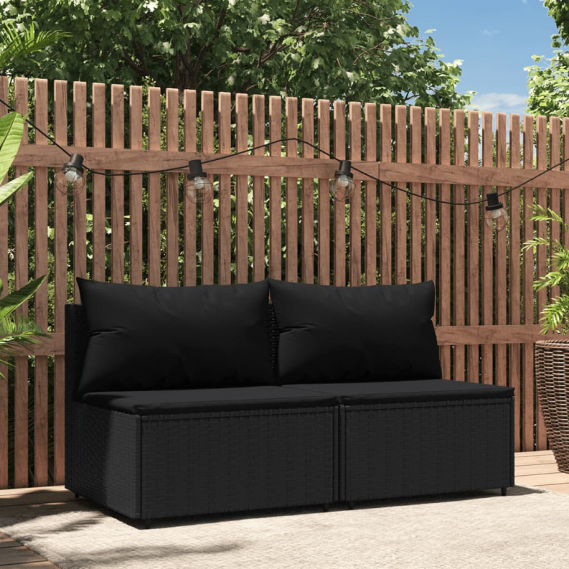 Garten-Mittelsofas mit Kissen 2 Stk. Schwarz Poly Rattan