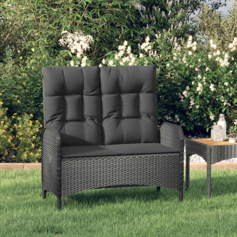 Gartenbank mit Liegefunktion & Kissen 107cm Poly Rattan Schwarz