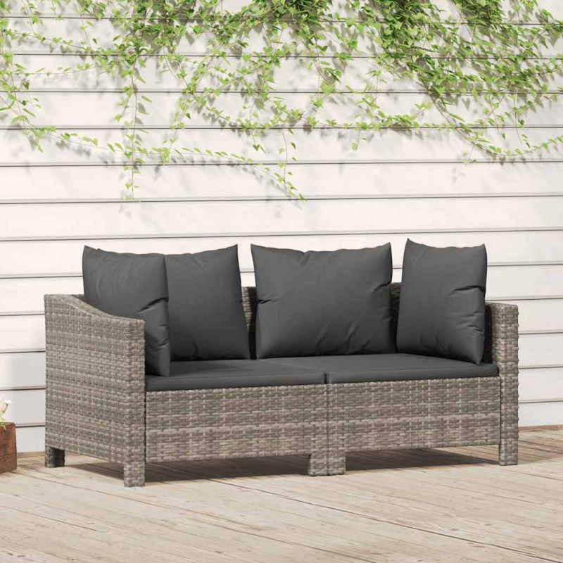 2-tlg. Garten-Lounge-Set mit Kissen Grau Poly Rattan