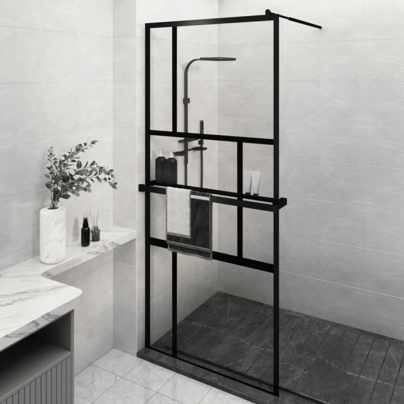Duschwand mit Ablage für Walk-In-Dusche Schwarz 90x195 cm ESG