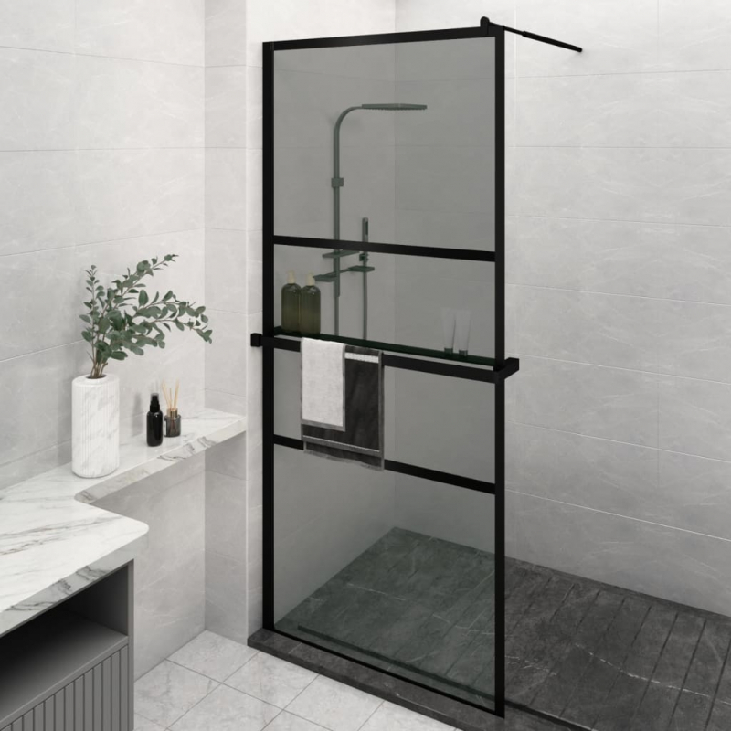 Duschwand mit Ablage für Walk-In-Dusche Schwarz 100x195 cm ESG