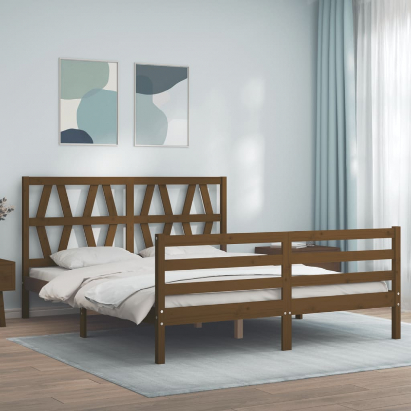 Massivholzbett mit Kopfteil Honigbraun 5FT King Size