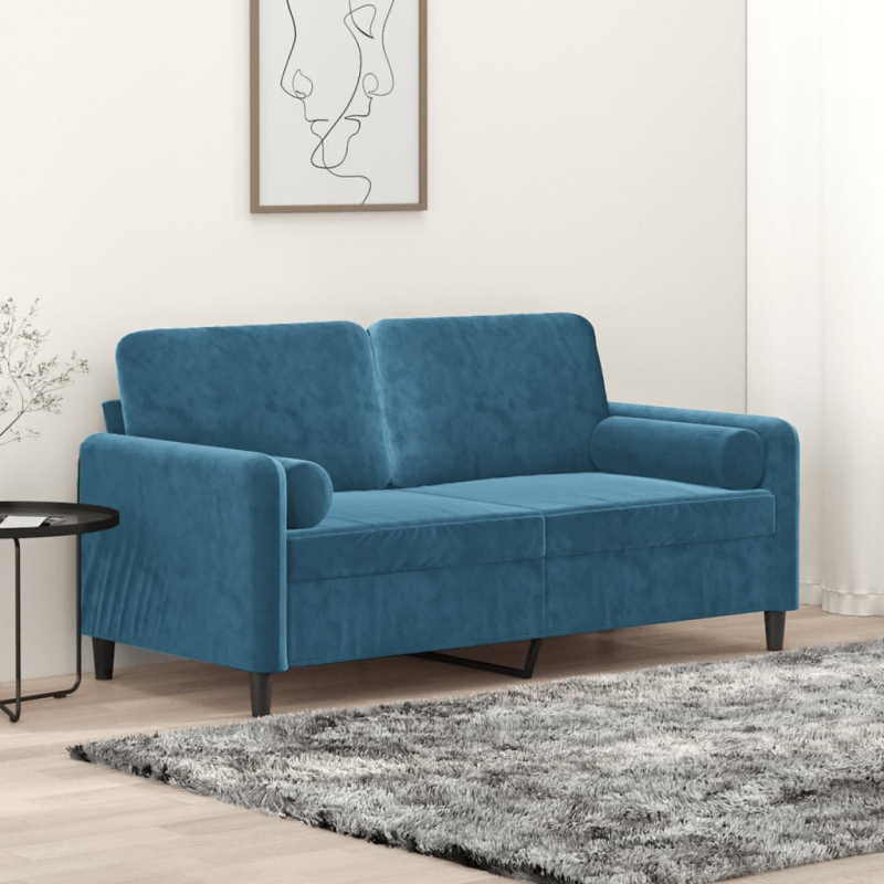 2-Sitzer-Sofa mit Zierkissen Blau 140 cm Samt