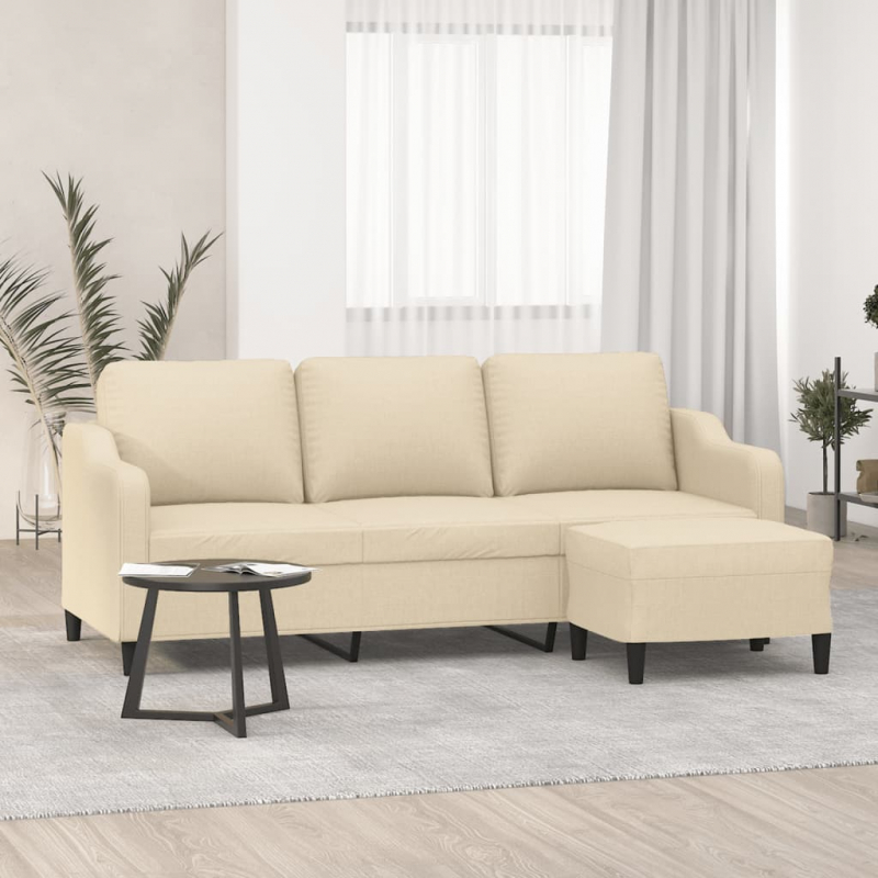 3-Sitzer-Sofa mit Hocker Creme 180 cm Stoff