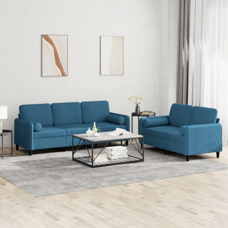 2-tlg. Sofagarnitur mit Kissen Blau Samt