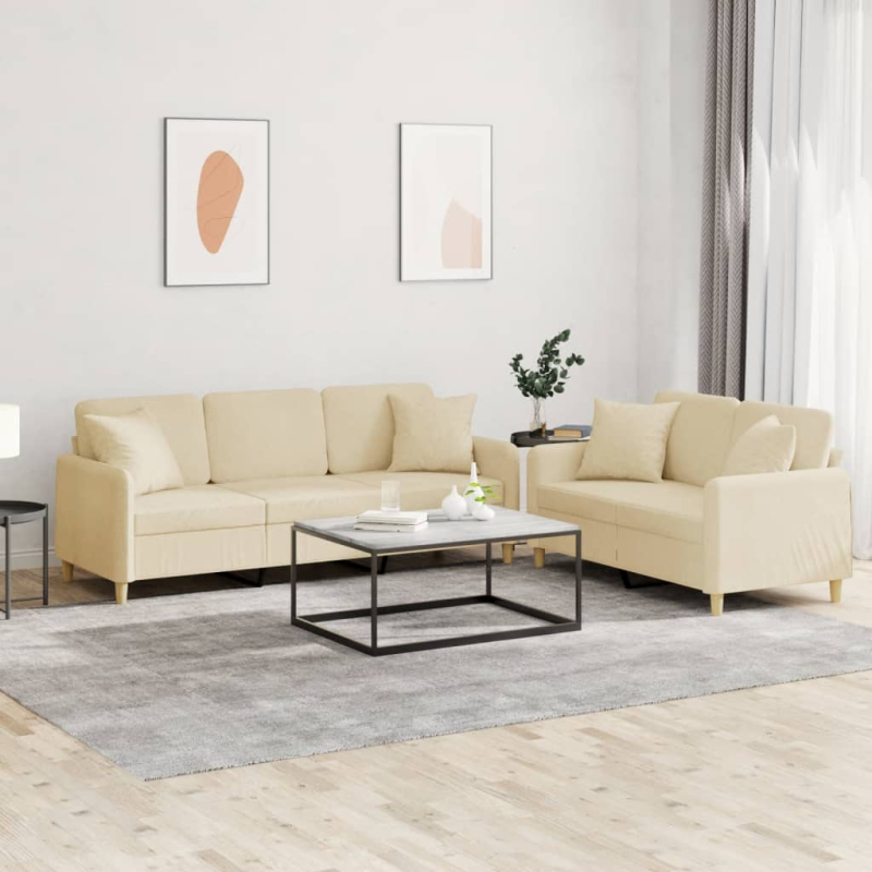 2-tlg. Sofagarnitur mit Kissen Creme Stoff