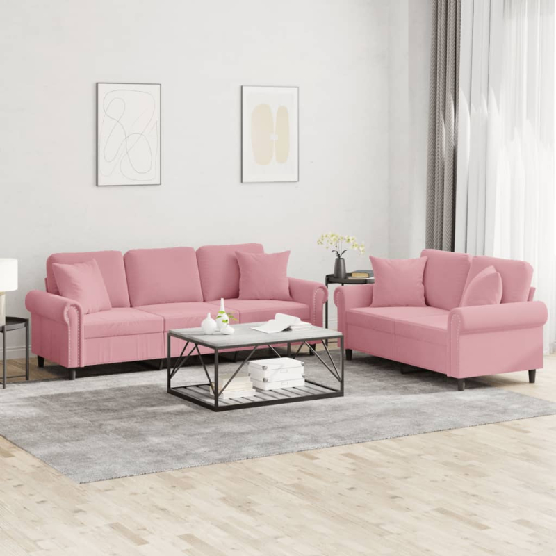 2-tlg. Sofagarnitur mit Kissen Rosa Samt