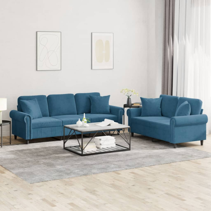 2-tlg. Sofagarnitur mit Kissen Blau Samt